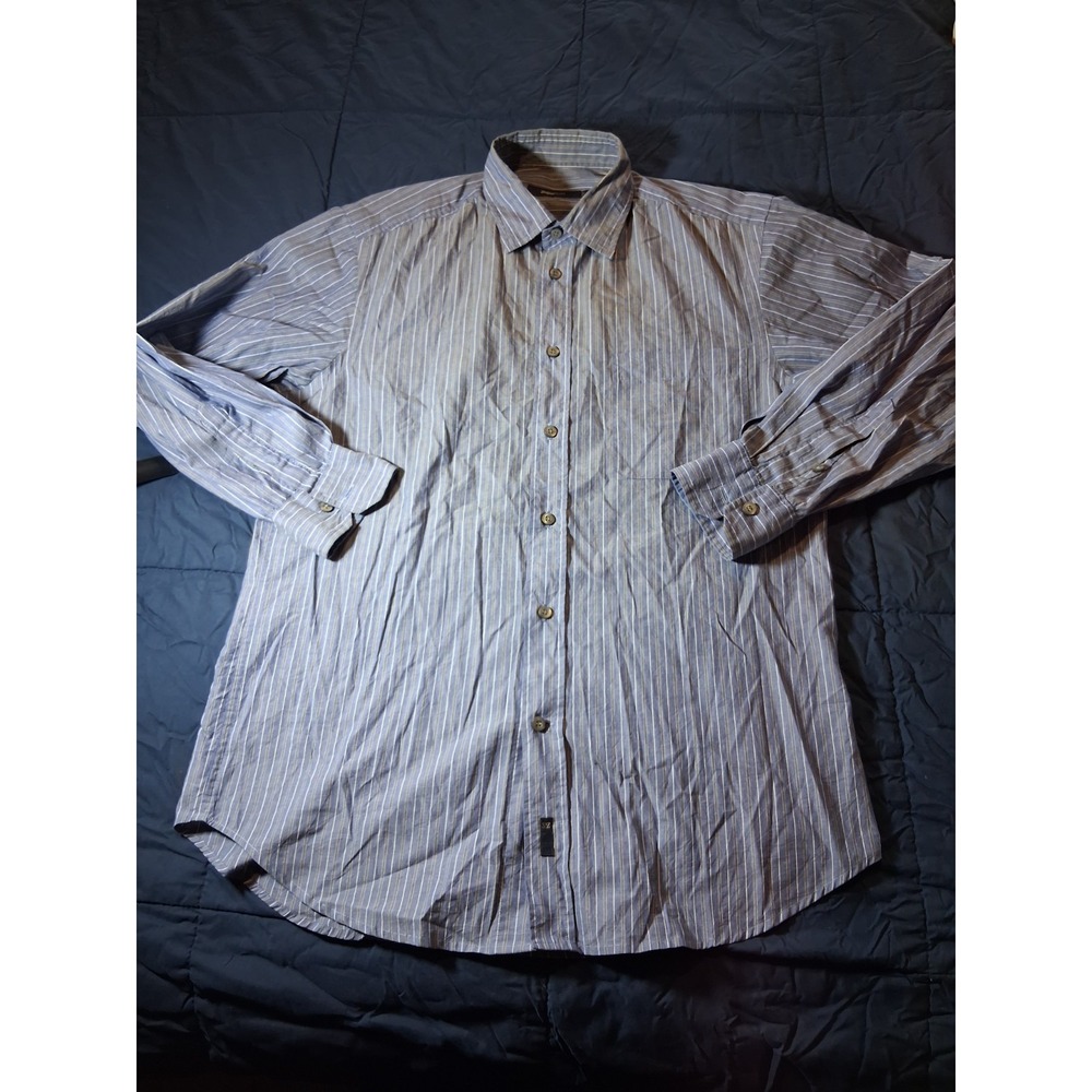 Zegna Sport Mens Medium Blue Striped Casual Dress Shirt Long Sleeve
